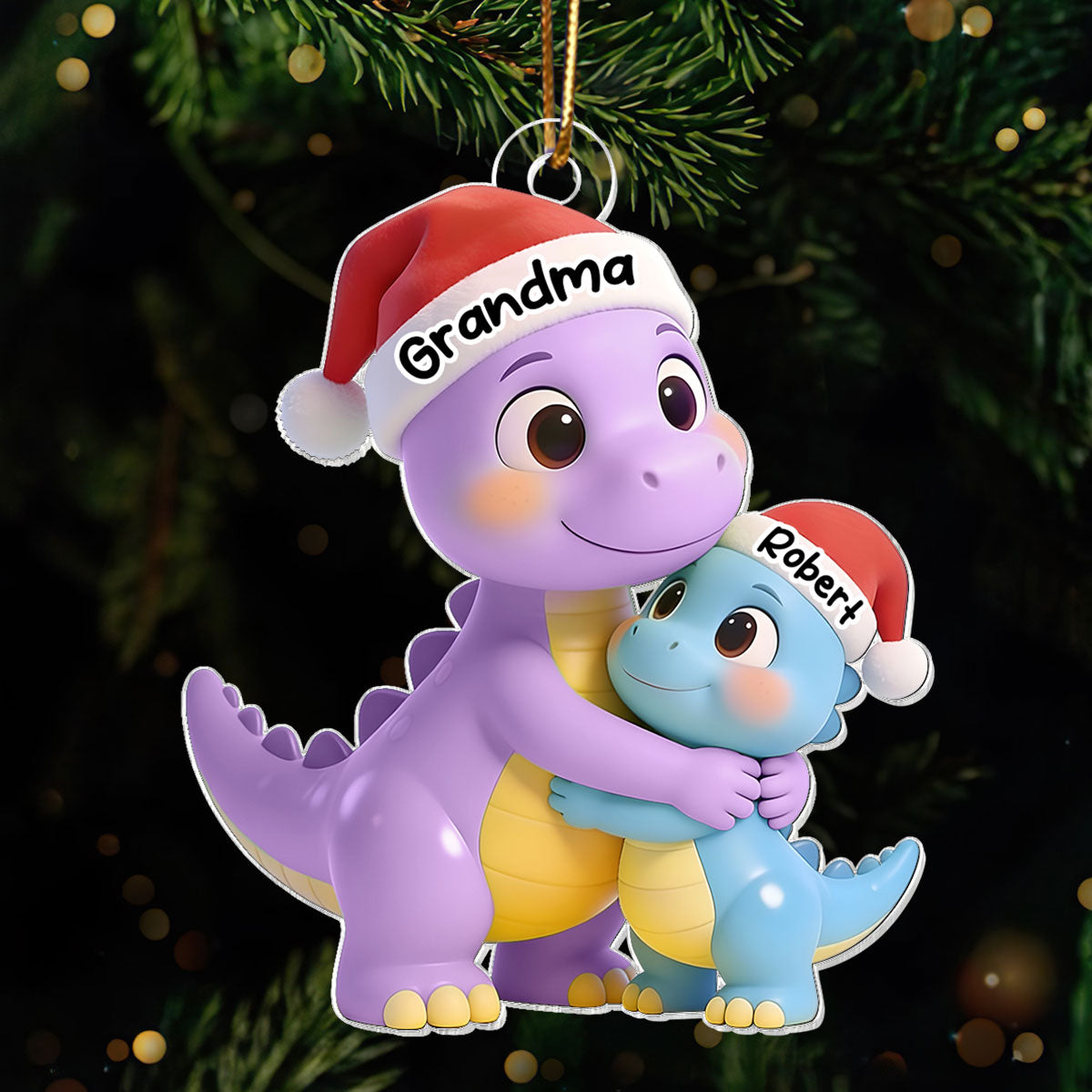 3D Effect Heartwarming Happy Grandmasaurus With Dinosaur Grandkid - Personalized Acrylic Ornament - Gift For Grandkids