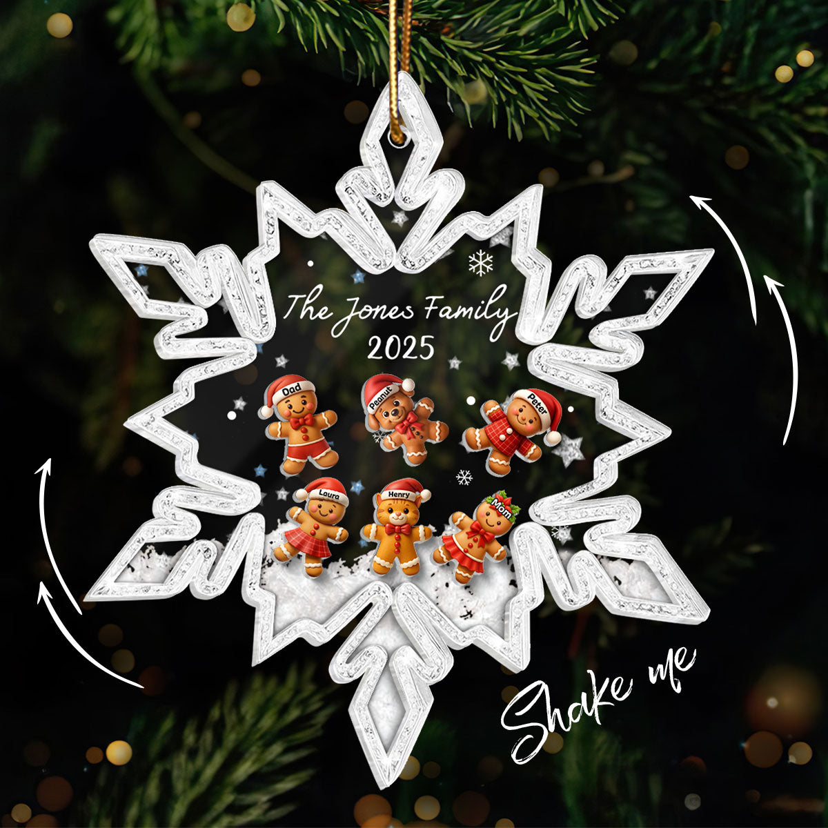 Snowflake Gingerbread Family - Personalized Shaker Ornament - Christmas Gift for Family