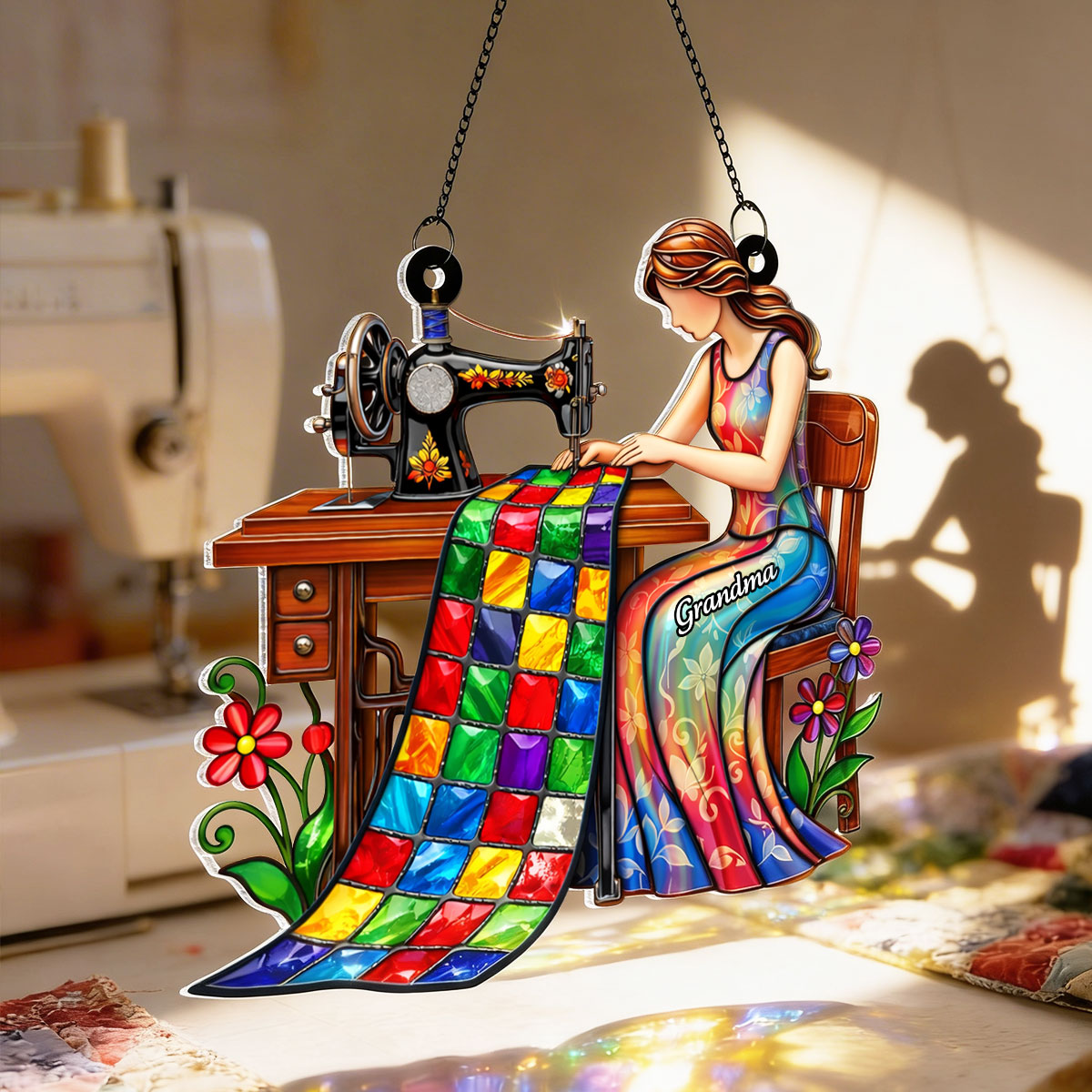 Mom Grandma Sewing Colorful Quilt - Personalized Suncatcher - Gift For Mom, Grandma