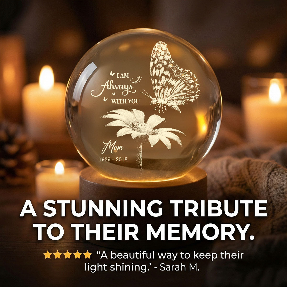 Always With You Butterfly On Daisy - Personalized Crystal Ball LED Night Light - Memorial Remembrance Keepsake