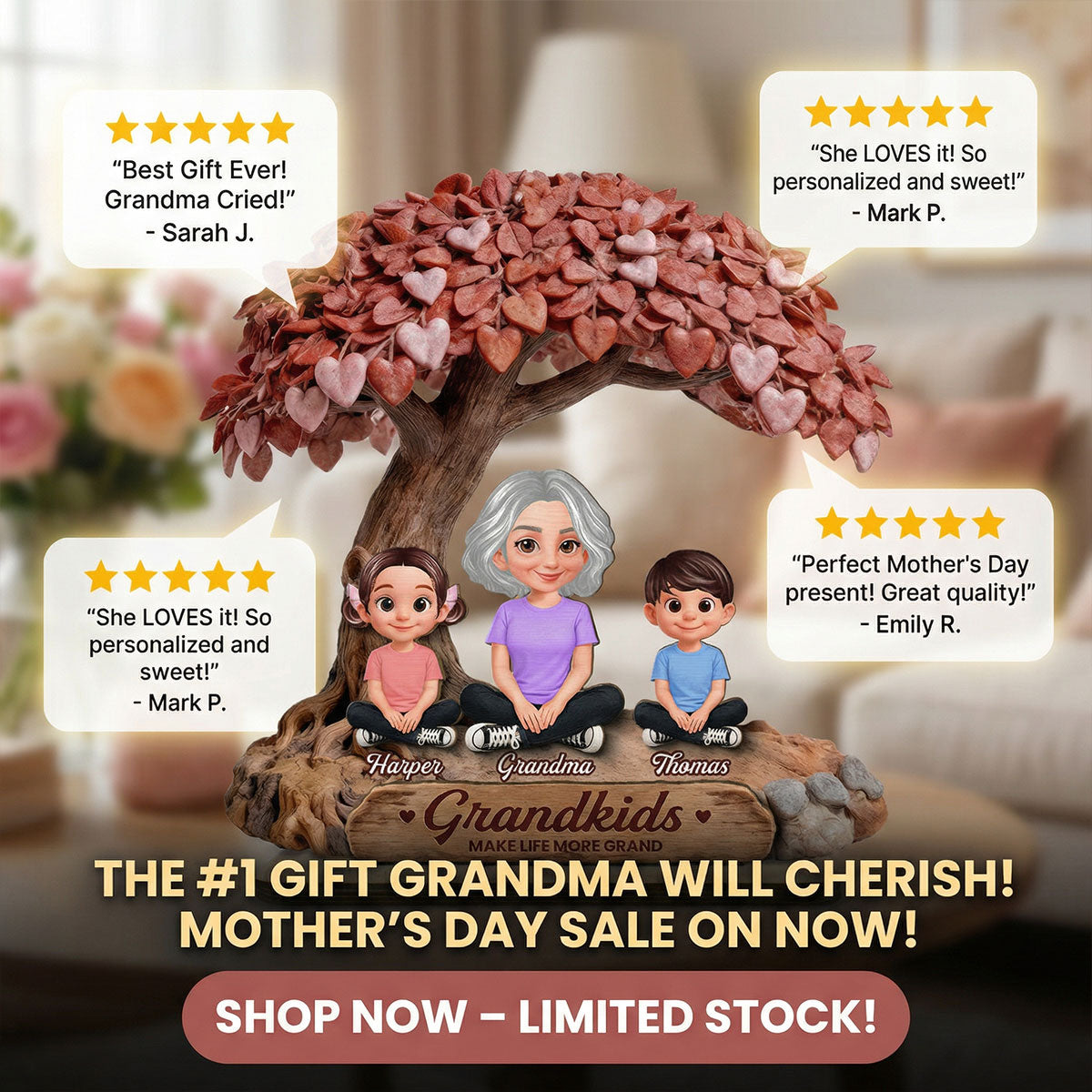 Grandma And Grandkids Under Heart Tree - Personalized 2-Layered Wooden Plaque - Gift For Grandma