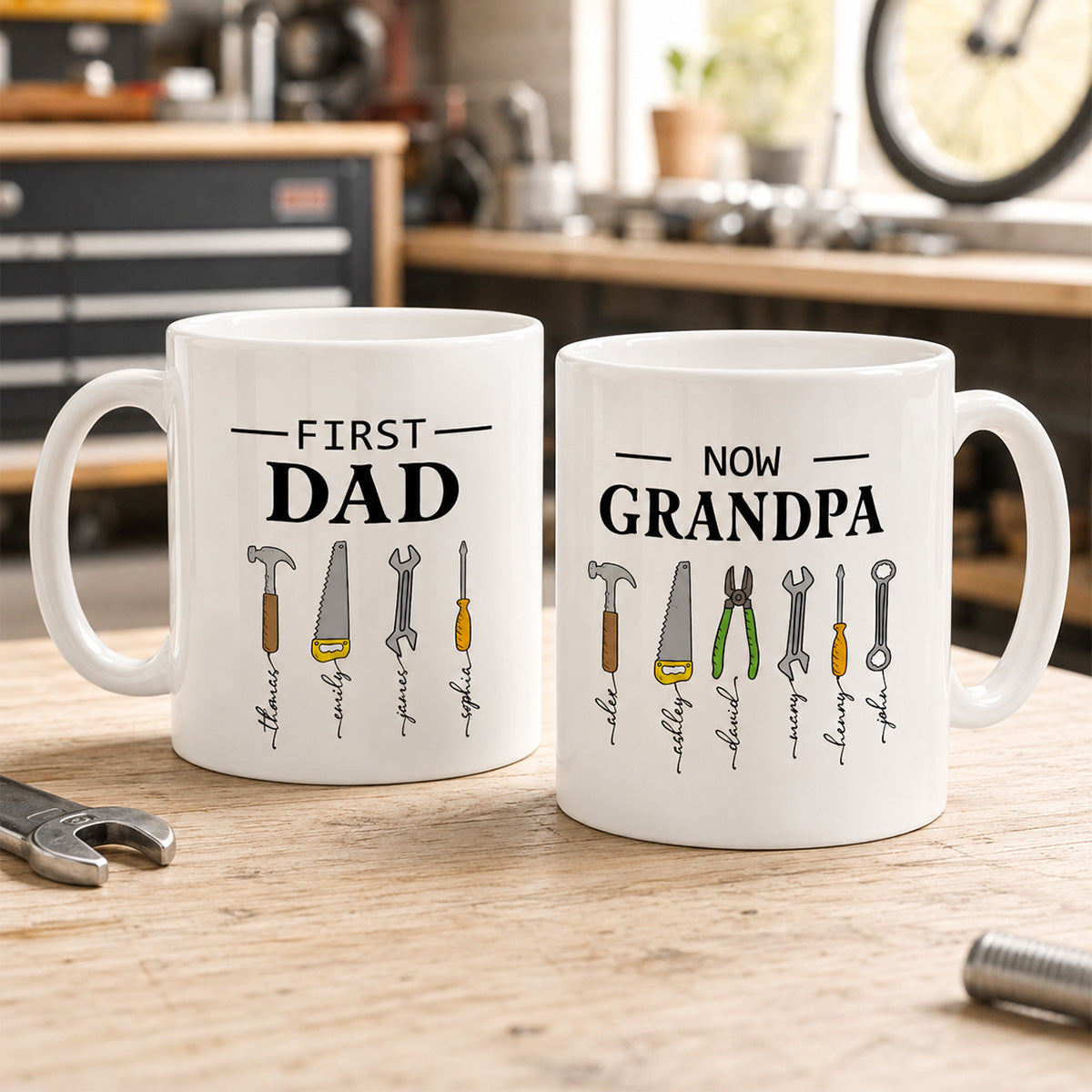 First Dad Now Grandpa Garage Tools Custom Kids Names - Personalized Mug - Father's Day Gift For Mechanic Dad, Grandpa