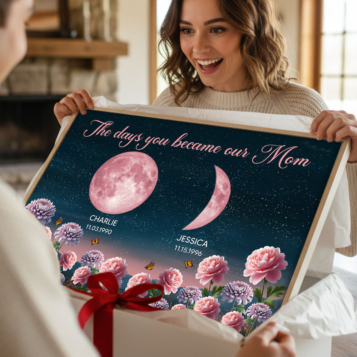 Birth Month Flowers The Day You Become Mum Grandma Custom Birth Moon Phase - Personalised Poster, Mother's Day Gift For Mum, Grandma