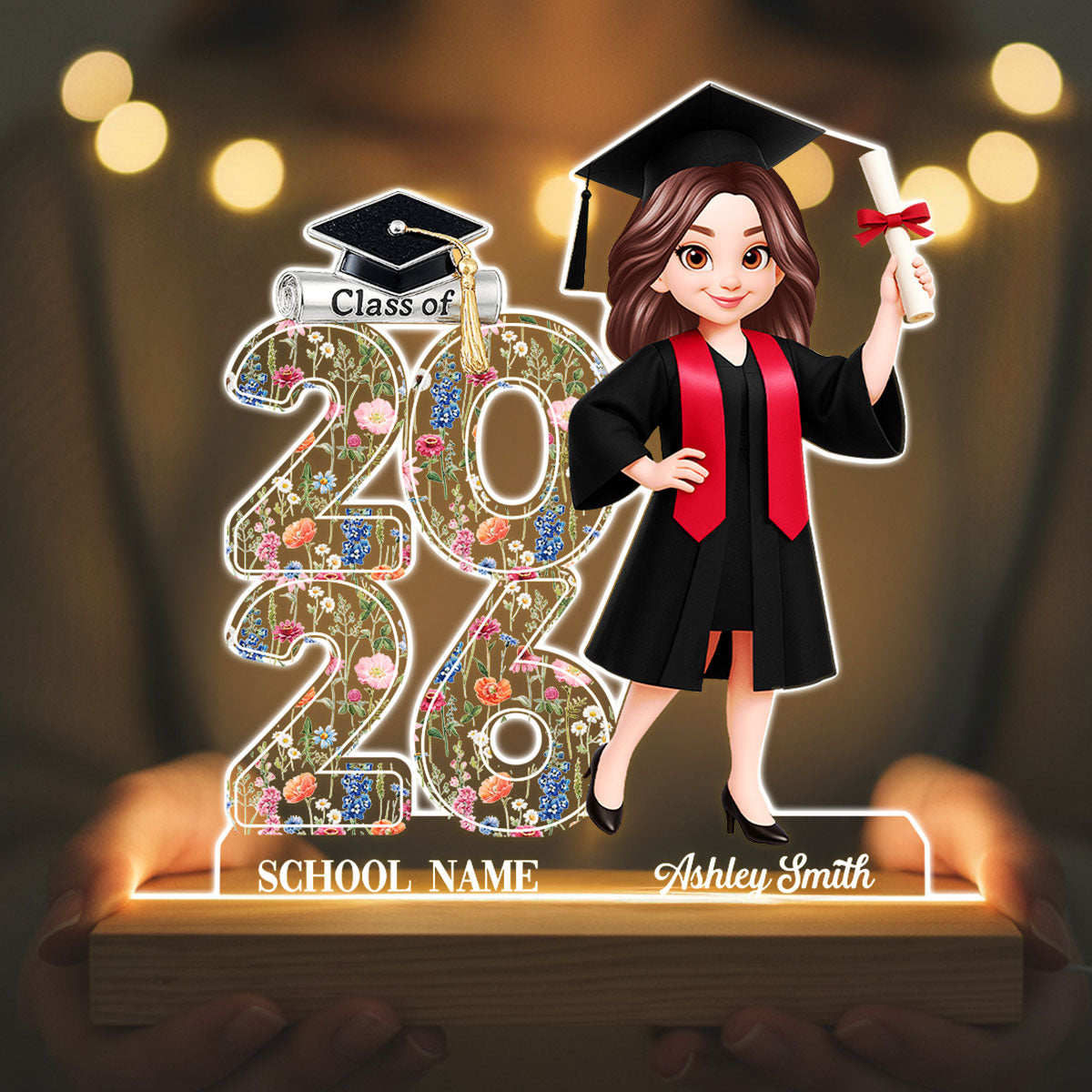 Class Of 2026 2027 Senior Floral - Personalized Acrylic Plaque LED Night Light - Graduation Gift For Graduates, Daughter