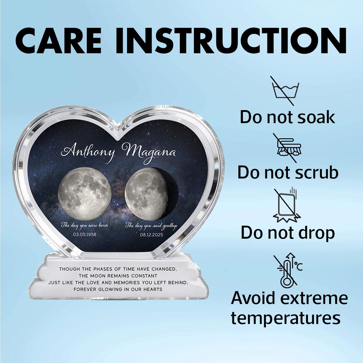 Lost Loved One Moon Phase Art 2D Flat - Personalized Acrylic Block Plaque - Memorial Keepsake Sympathy Gift