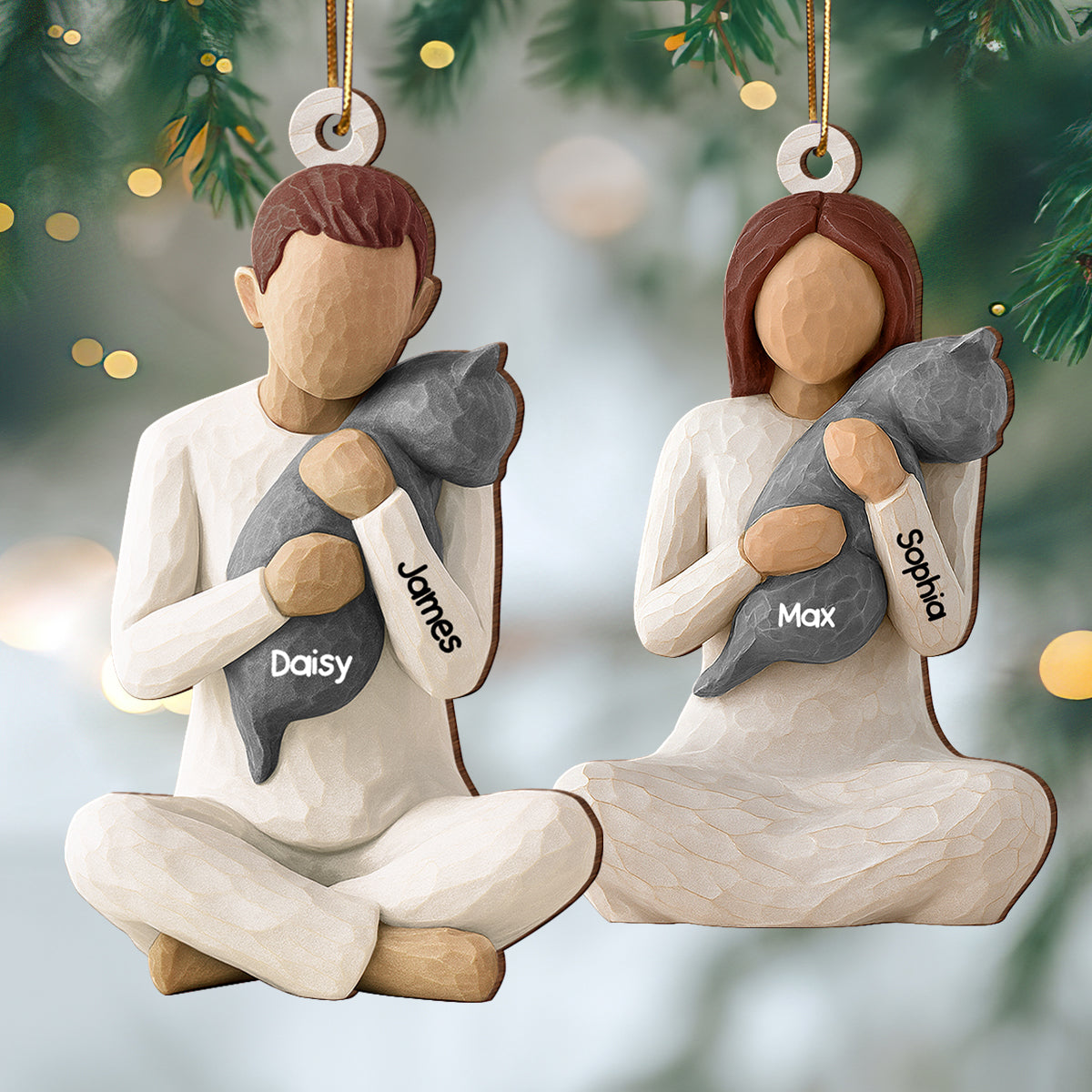 3D Effect Woman Hugging Cat - Personalized Wooden Ornament - Christmas Gift For Cat Lovers, Cat Mom