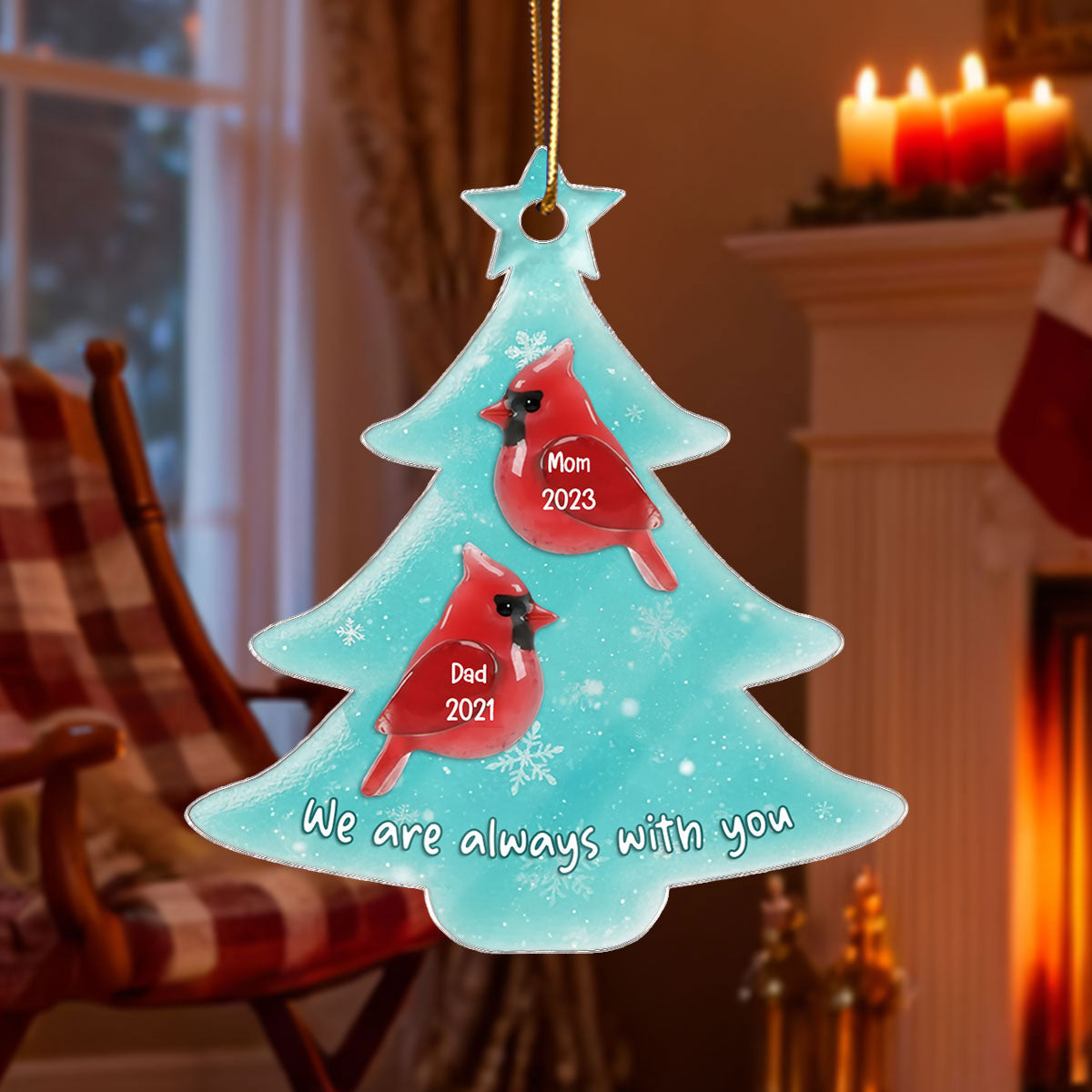 2D Sea Glass Effect Christmas Cardinals Memorial - Personalized Acrylic Ornament - Remembrance Keepsake, Sympathy Gift