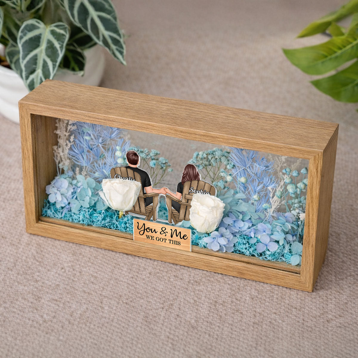 Eternal Love Back View Couple Sitting - Personalized DIY Flower Shadow Box LED Night Light - Gift For Couple, For Him, For Her