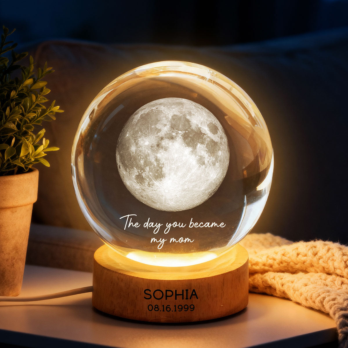 The Day You Became My Mom Engraved Wooden Base - Personalized Crystal Ball LED Night Light - Sentimental Gift for Mom