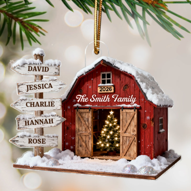 3D Effect Christmas Flat Nostalgia Barn House Family Sign Posts - Personalized Acrylic Ornament - Gift For Family, Farmhouse Decor