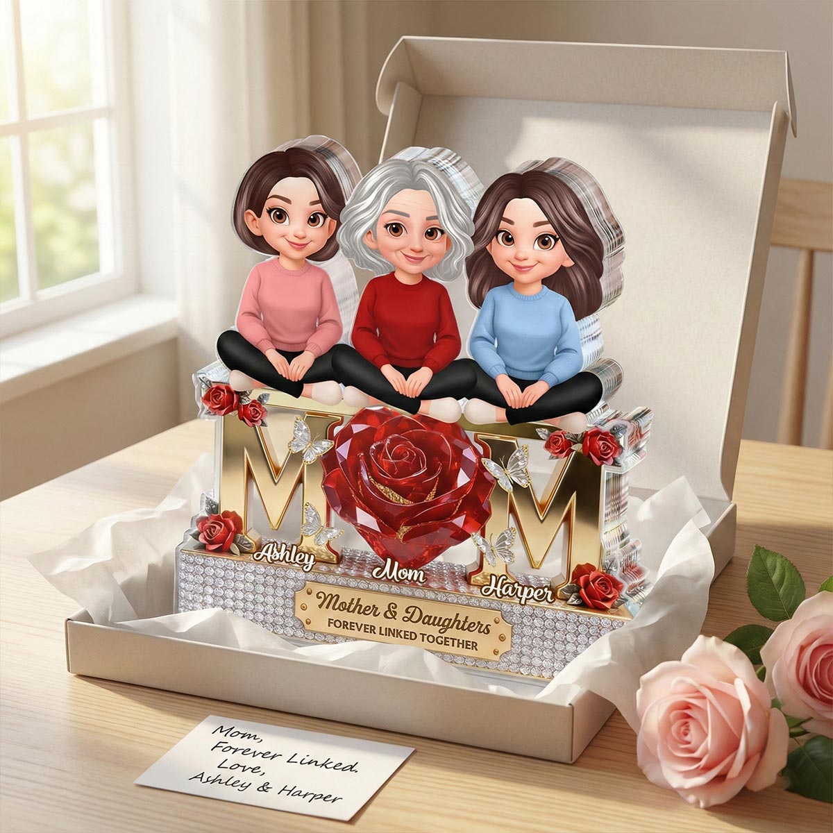 Beautiful Roses MOM And Daughters Sons - Personalized Acrylic Block Plaque - Gift For Mom