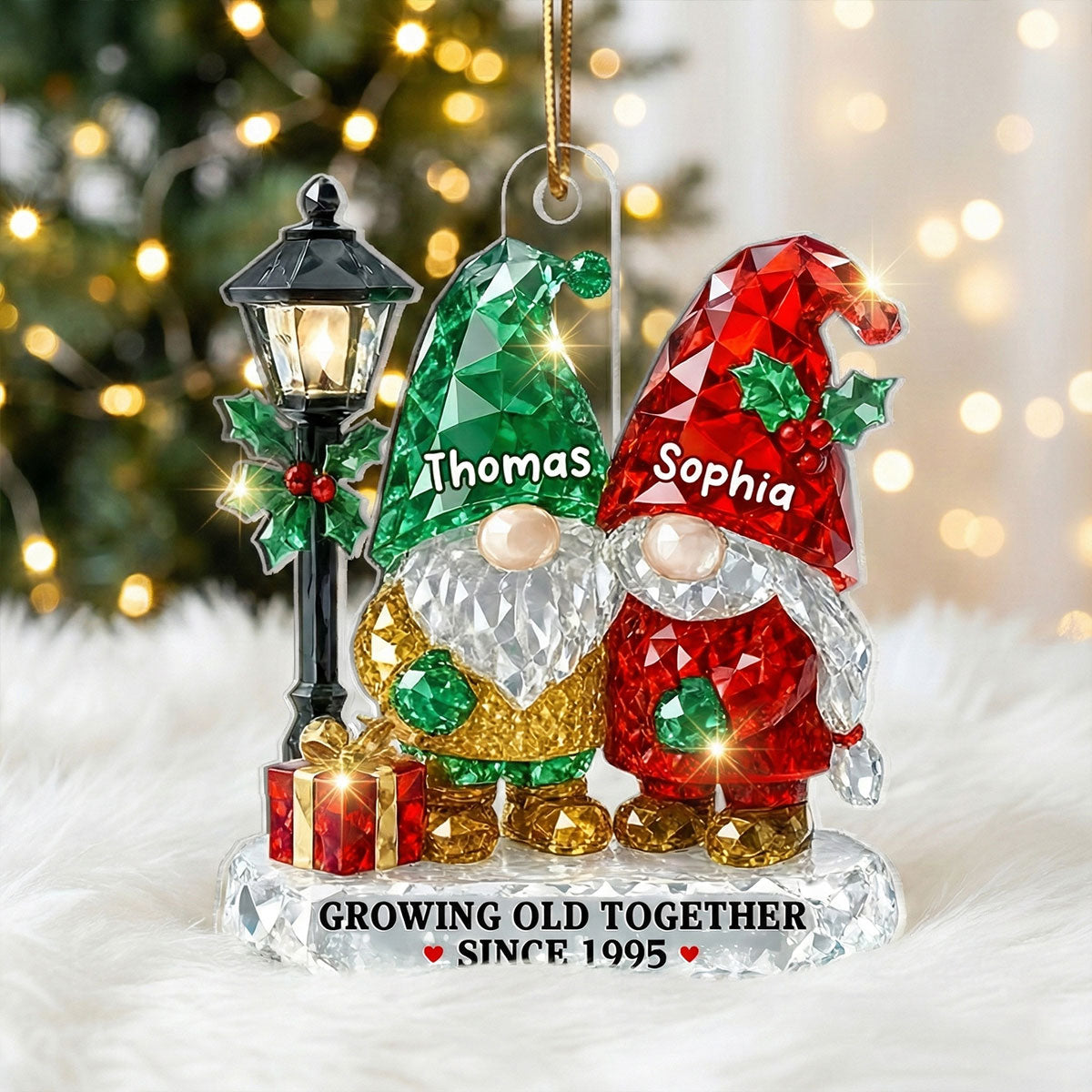 3D Crystal Effect Gnome Couple Growing Old Together - Personalized Acrylic Ornament - Gift For Couple