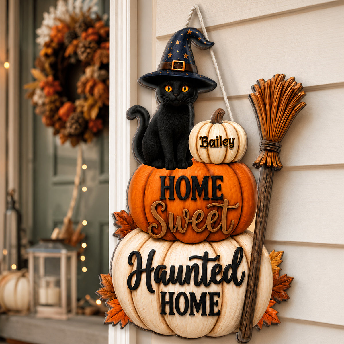 Home Sweet Haunted Home Cat - Personalized Wood Sign - Halloween Decor Gift, Gift For Cat Lovers