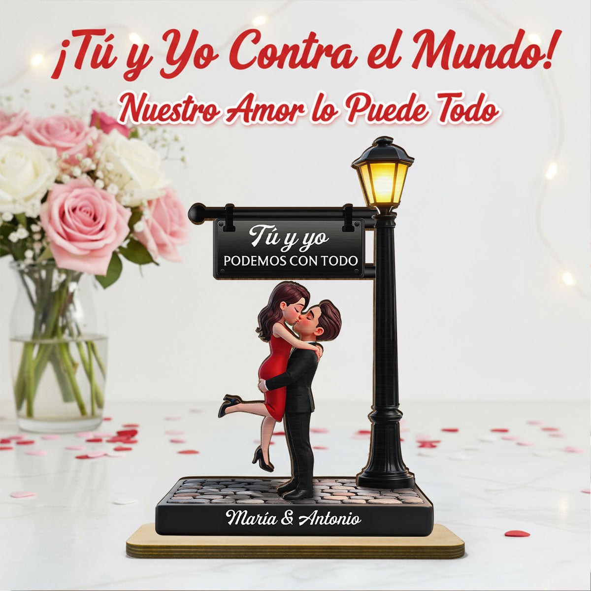 Romantic Spanish Couple Hugging Kissing Under Street Lamp Post - Personalized 2-Layered Wooden Plaque - Heartfelt Gift For Couple