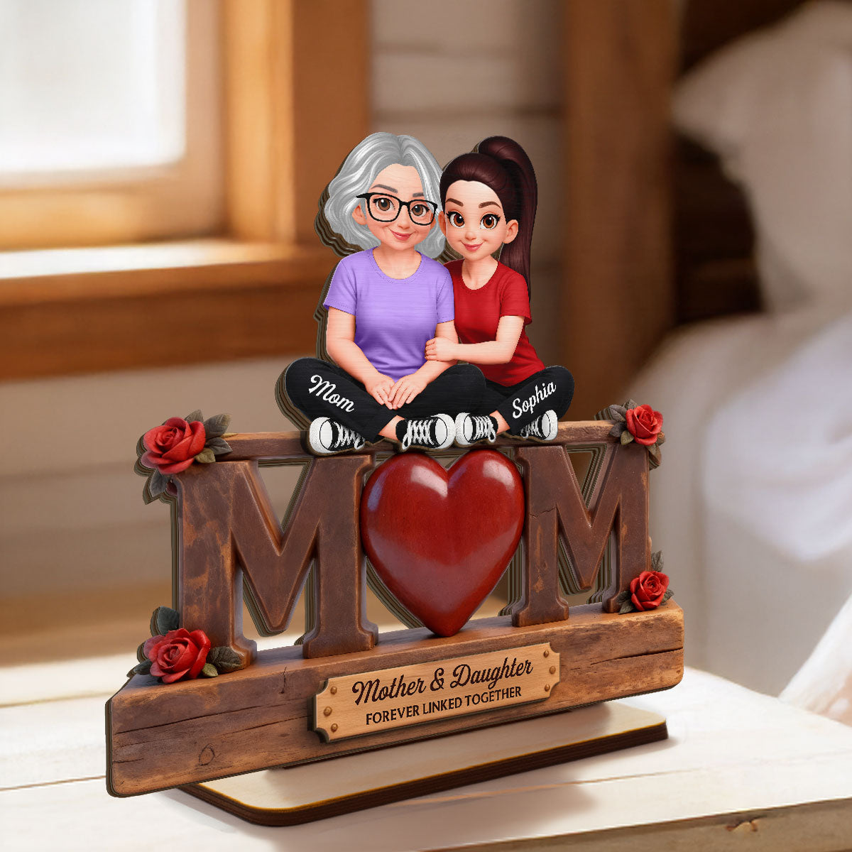 Rose MOM And Daughter Forever Linked Together - Personalized 2-Layered Wooden Plaque - Gift For Mom
