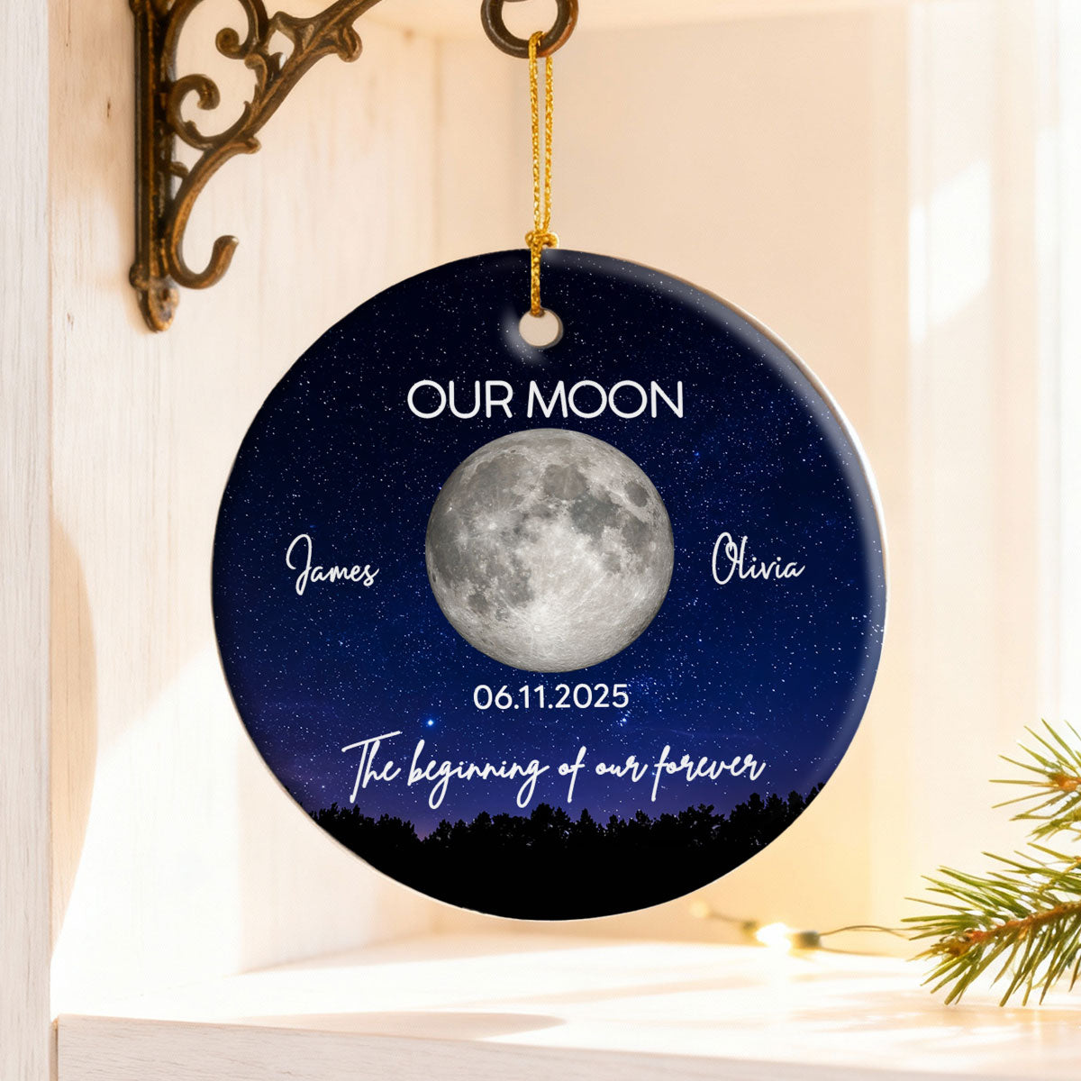 Moon Phase Couple The Beginning Of Our Forever - Personalized Ceramic Ornament - Gift For Couple