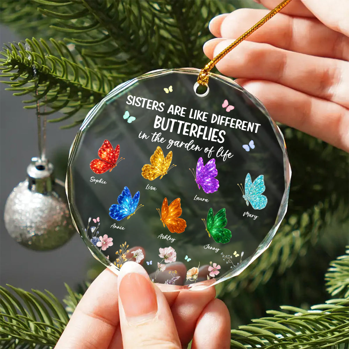 Sisters Are Like Different Butterflies - Personalized Glass Ornament - Heartwarming Christmas Gift For Sisters, Besties