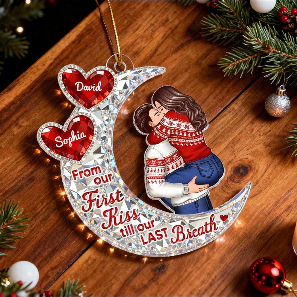 3D Effect Flat Moon Couple Hugging Kissing - Personalized Acrylic Ornament - Gift For Couple, Gift For Him, For Her