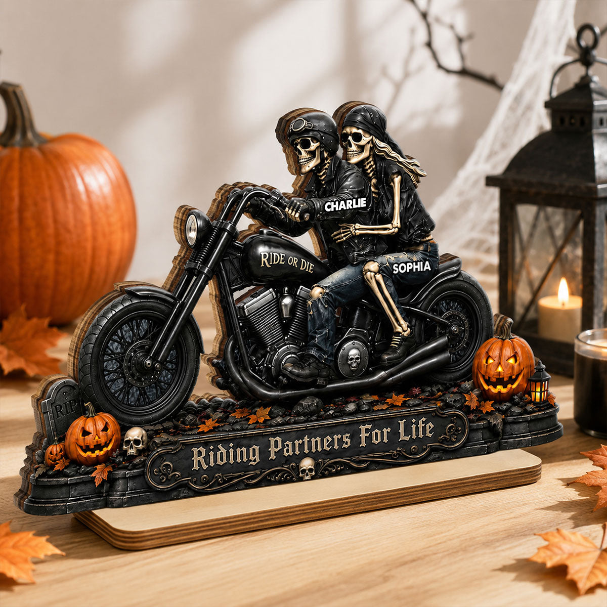 Riding Partners For Life Skeleton Couple - Personalized 2-Layered Wooden Plaque - Halloween Decor Gift, Gift For Couple