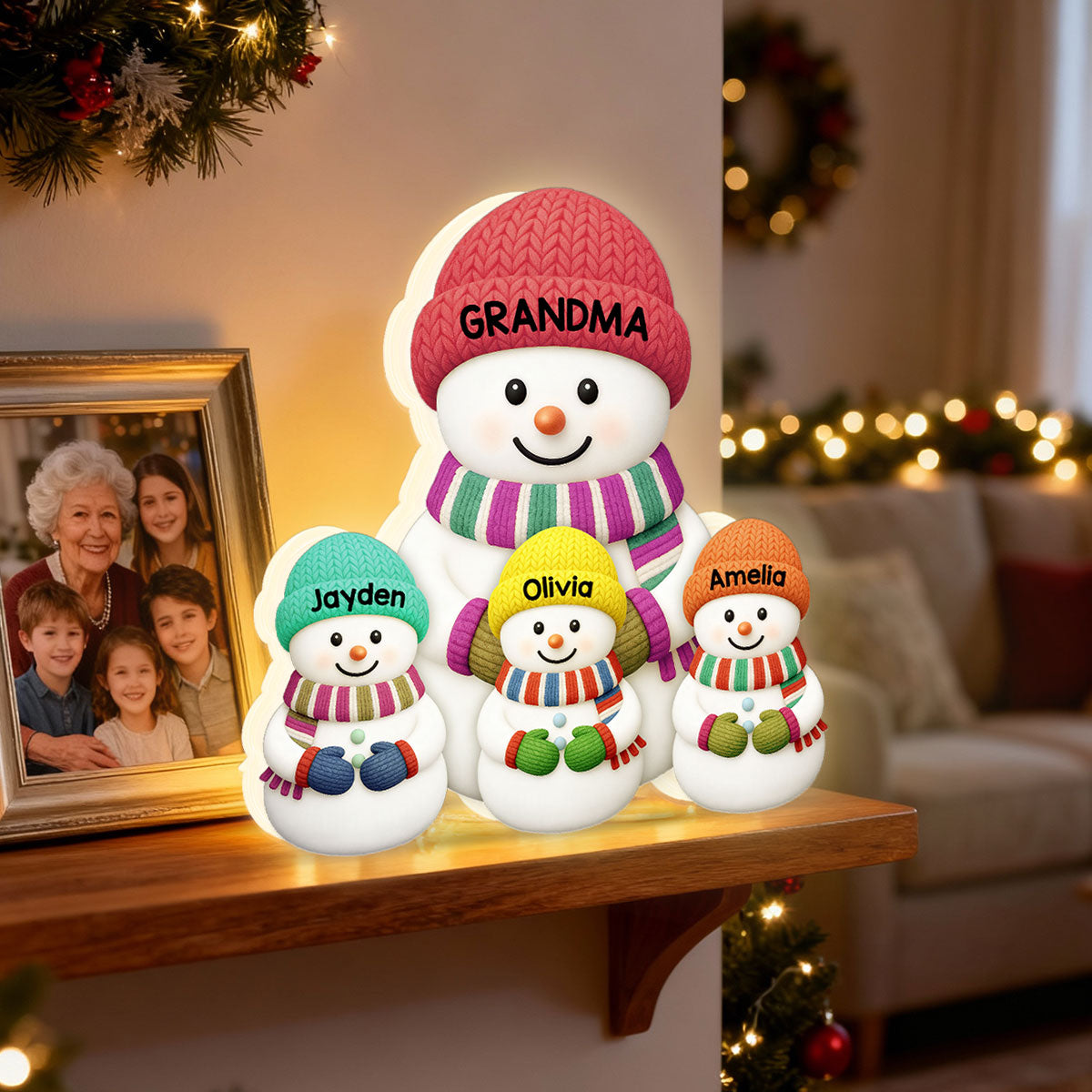 Heartwarming Christmas Grandma Grandpa Grandkids Snowman Together - Personalized Light Box