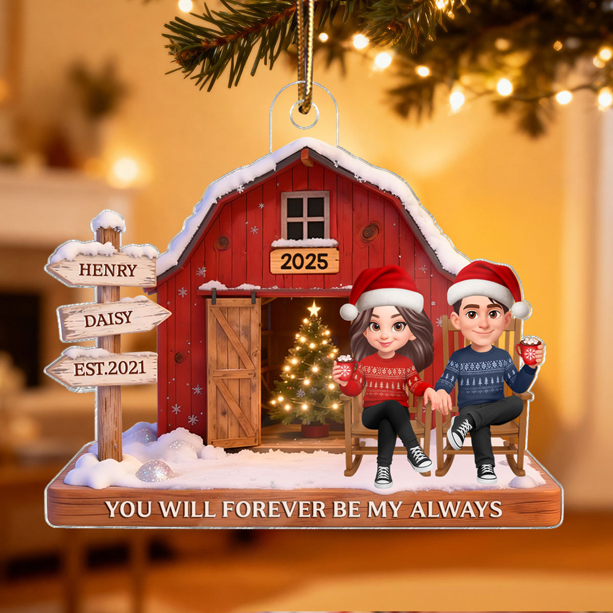 3D Effect Nostalgia Barn House Eternal Love Couple Sign Posts - Personalized Acrylic Ornament - Gift For Couple, For Him, For Her, Farmhouse Decor