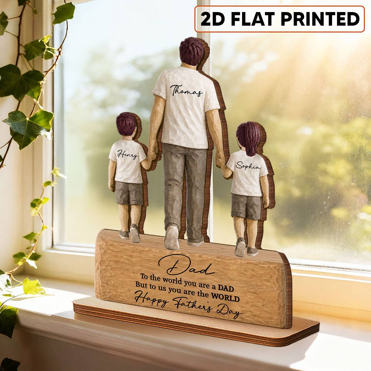 Sentimental Rustic Dad And Kids Walking - Personalized 2-Layered Wooden Plaque - Heartfelt  Gift For Dad, Husband