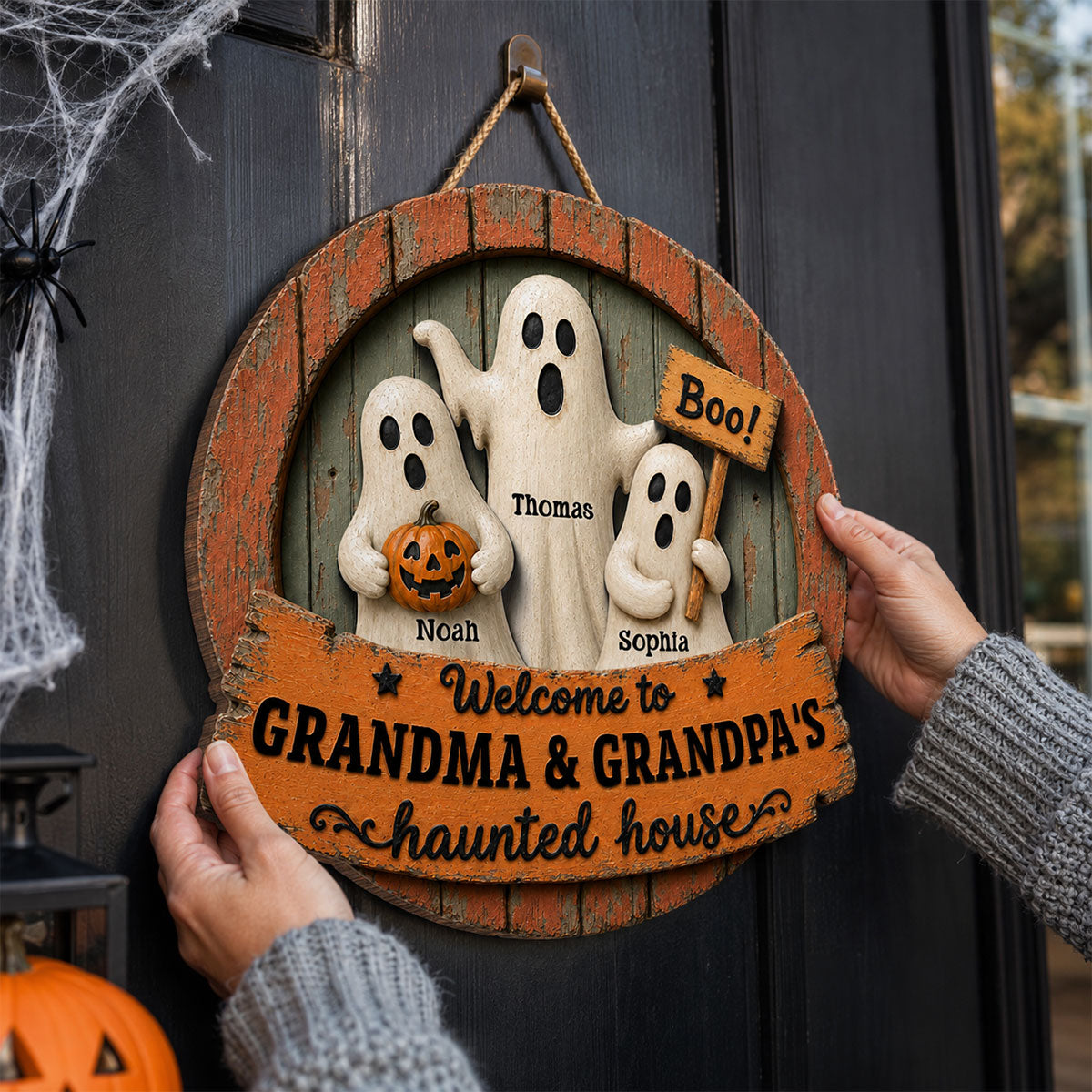 Welcome to Grandma Grandpa's Haunted House - Personalized Door Hanger - Halloween Decor for Grandparents