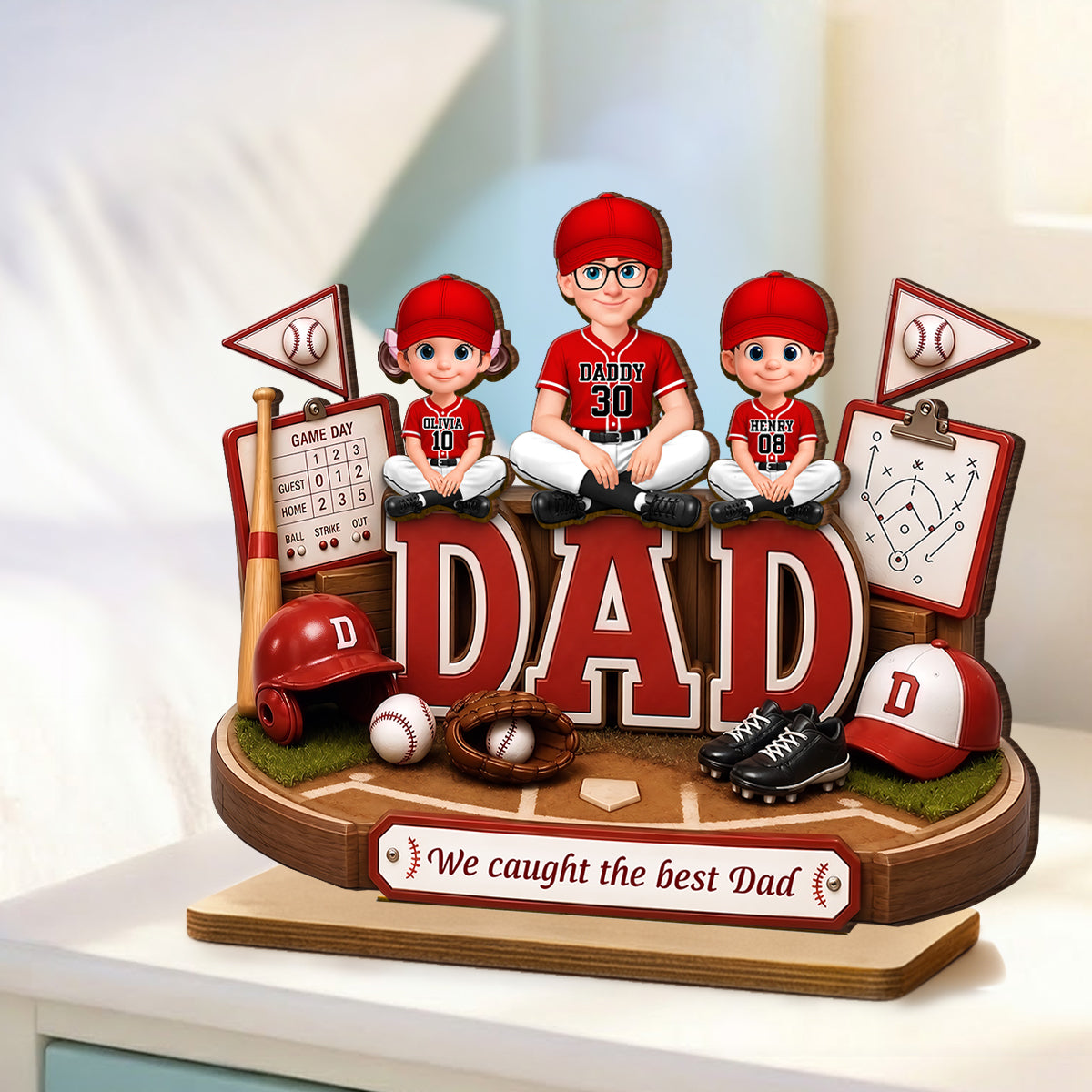 Baseball Dad Kids We Caught The Best Dad - Personalized 2-Layered Wooden Plaque -  Gift For Dad, Husband