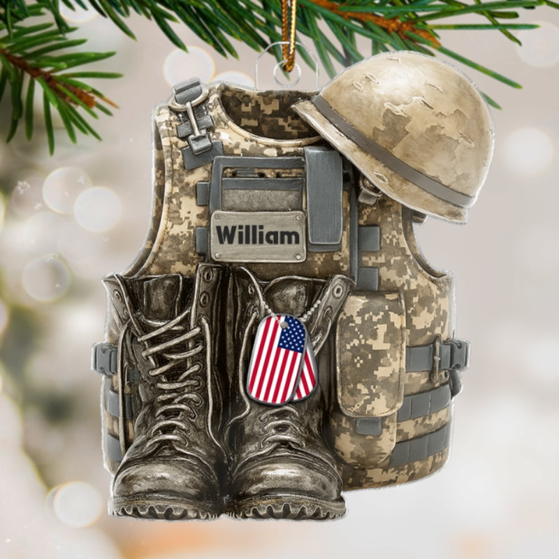 3D Effect Military Combat Vest, Boots And Helmet - Personalized Acrylic Ornament