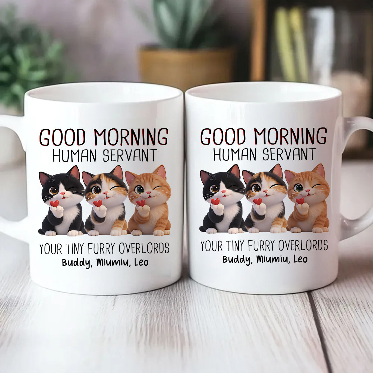 Good Morning Human Servant Cute Fluffy Cats - Personalized Mug - Funny Gift for Cat Moms, Cat Dads