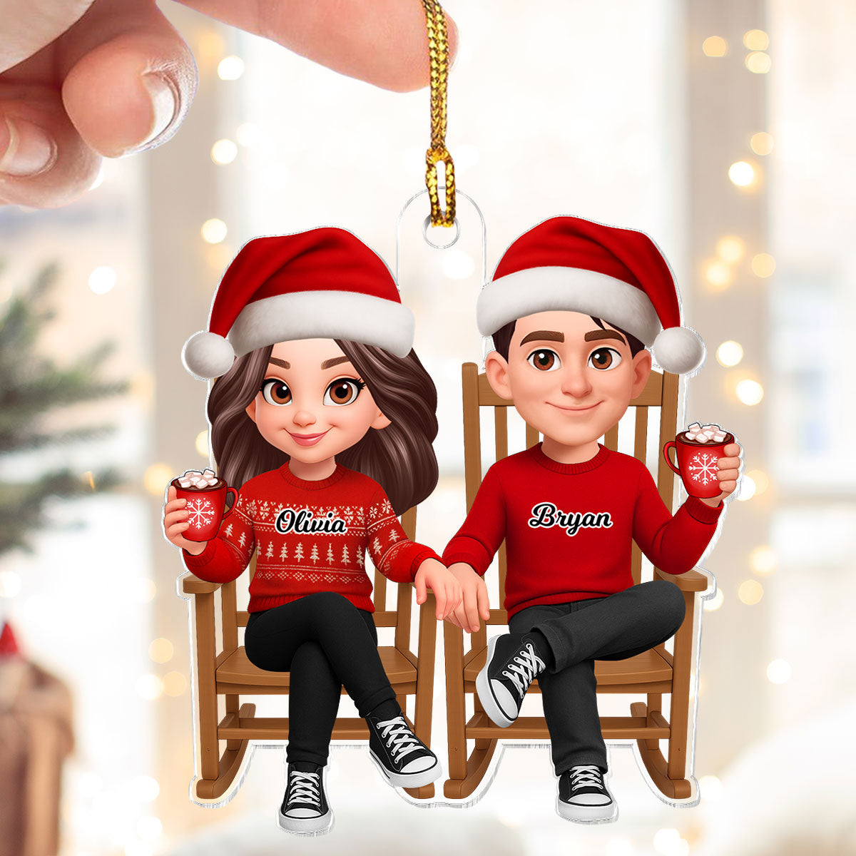 3D Effect Christmas Couple Sitting On Rocking Chair - Personalized Acrylic Ornament - Heartfelt Gift For Couple