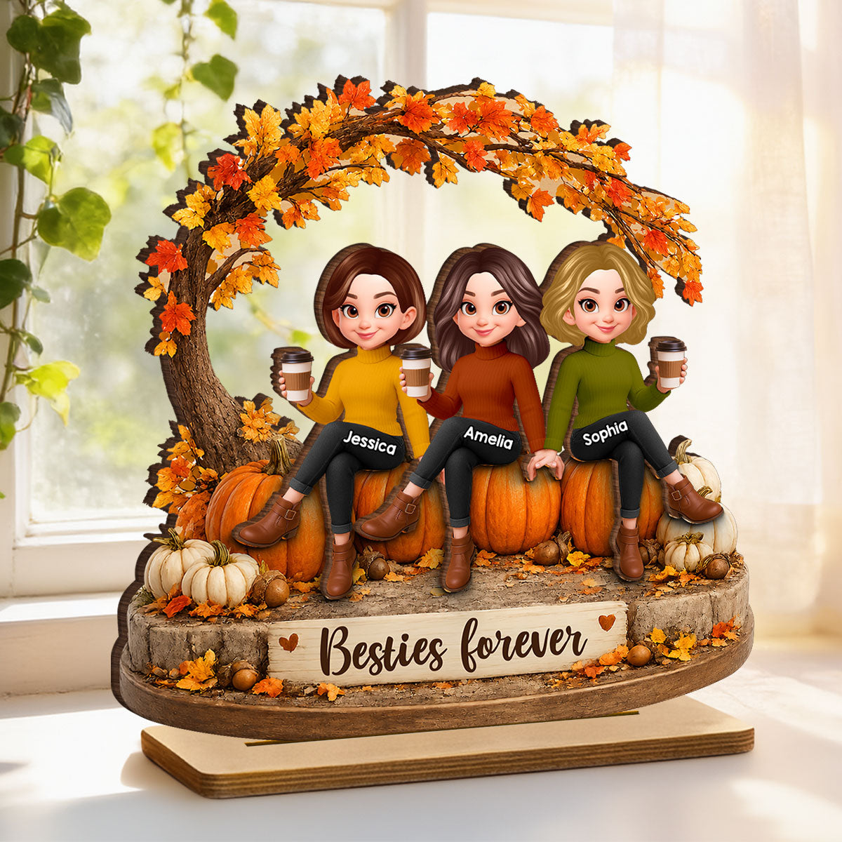 Cozy Autumn Besties Forever - Personalized 2-Layered Wooden Plaque - Fall Season Gift For Besties