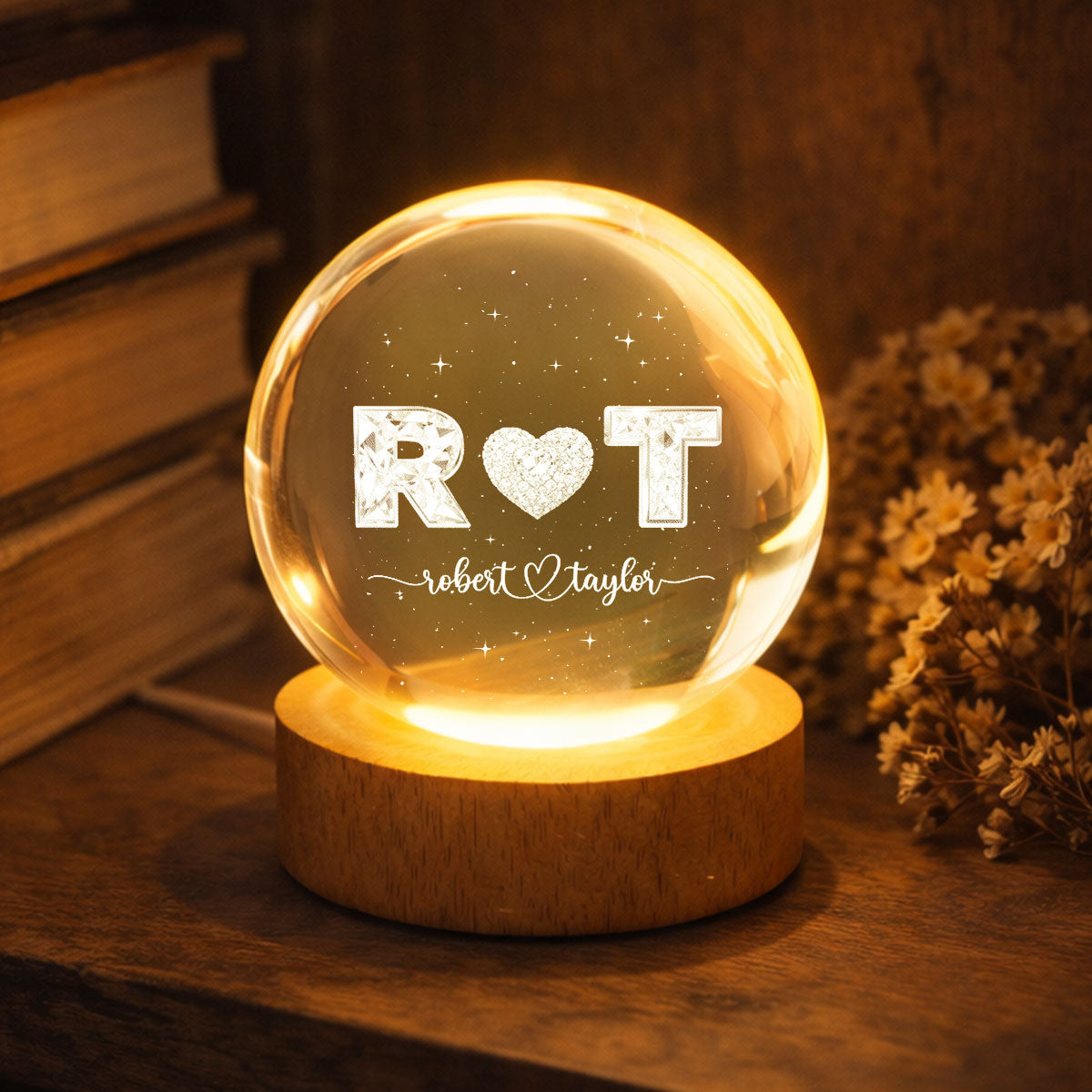 Eternal Love Couple Initial Names - Personalized Crystal Ball LED Night Light - Valentine's Day Gift For Couple, For Her, For Him