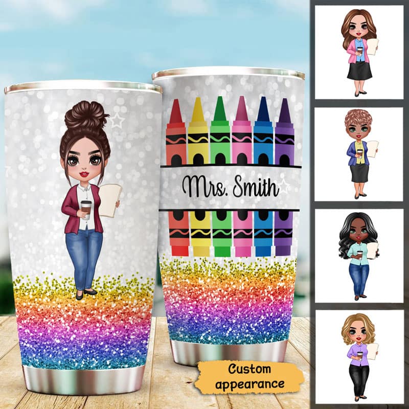 Doll Teacher Crayon Glitter Texture Personalized Tumbler