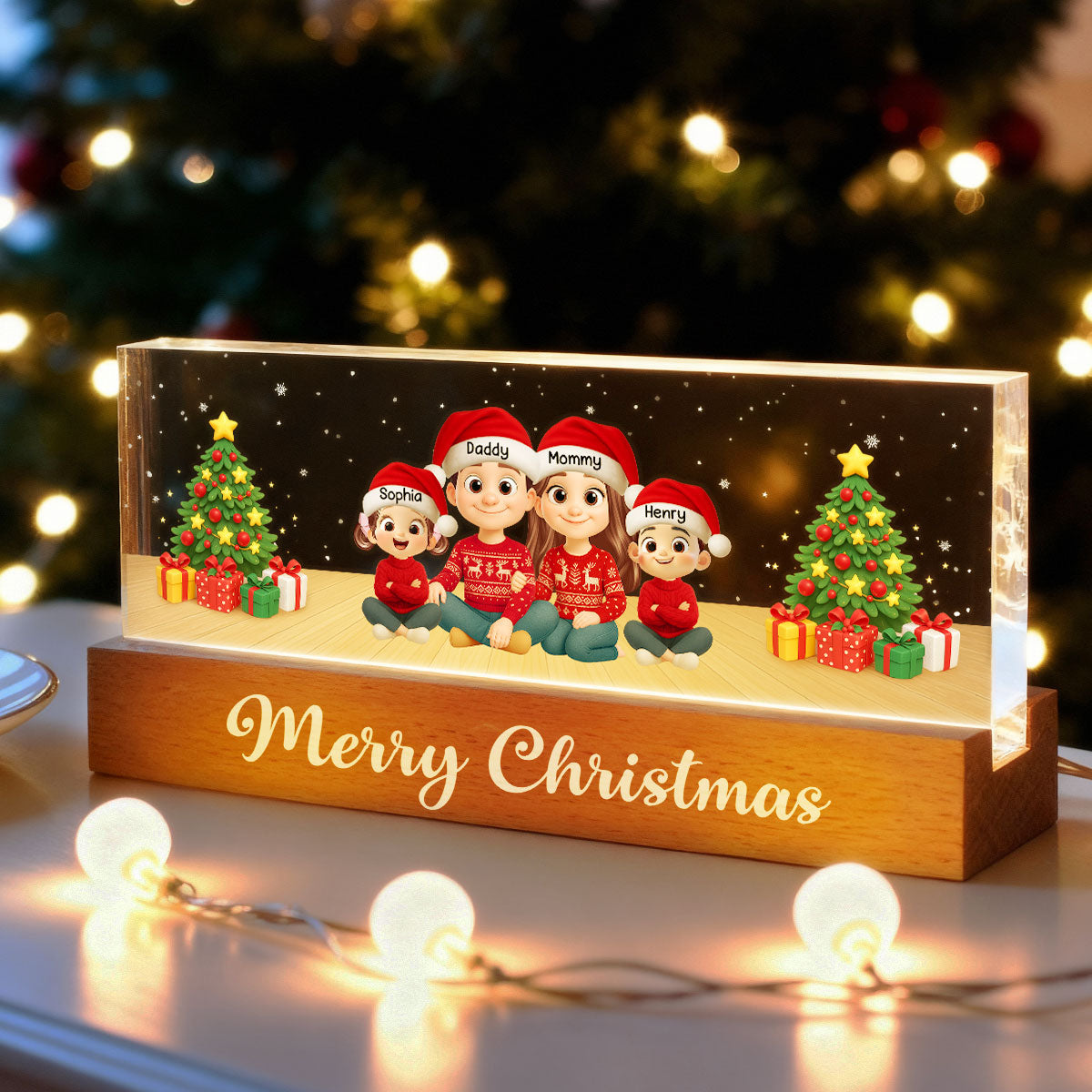 Merry Christmas Family Sitting - Personalized Acrylic Block LED Night Light - Custom Family with Pets, Holidays Gift for Husband, Wife