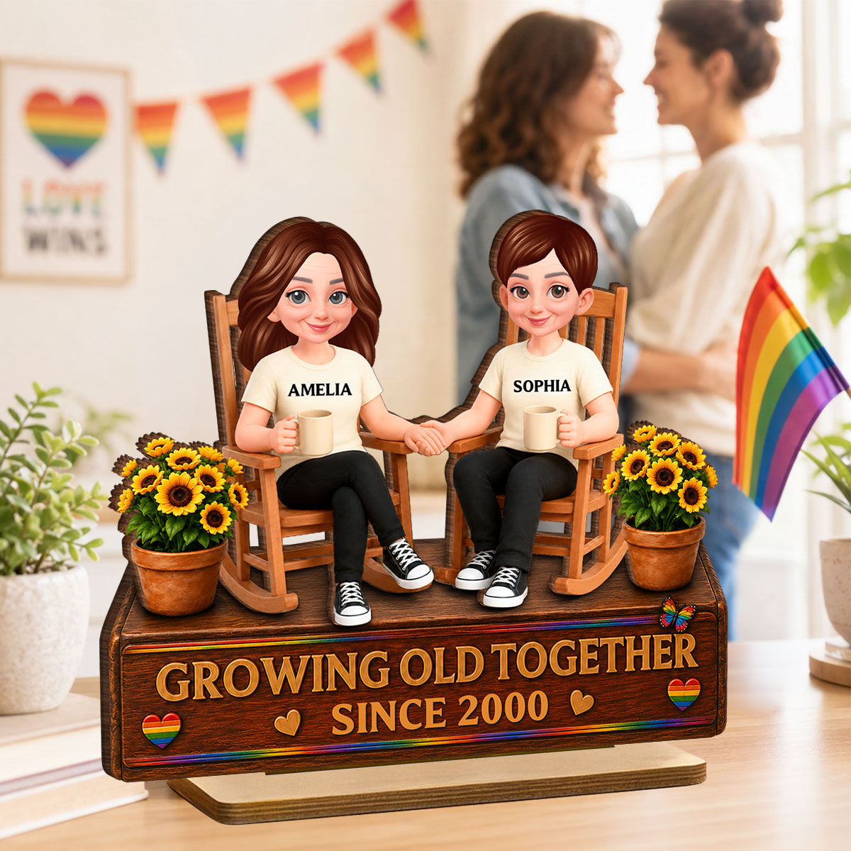 LGBT+ Couple Sitting On Garden - Personalized 2-Layered Wooden Plaque - Gift For Couple, Happy Pride Month