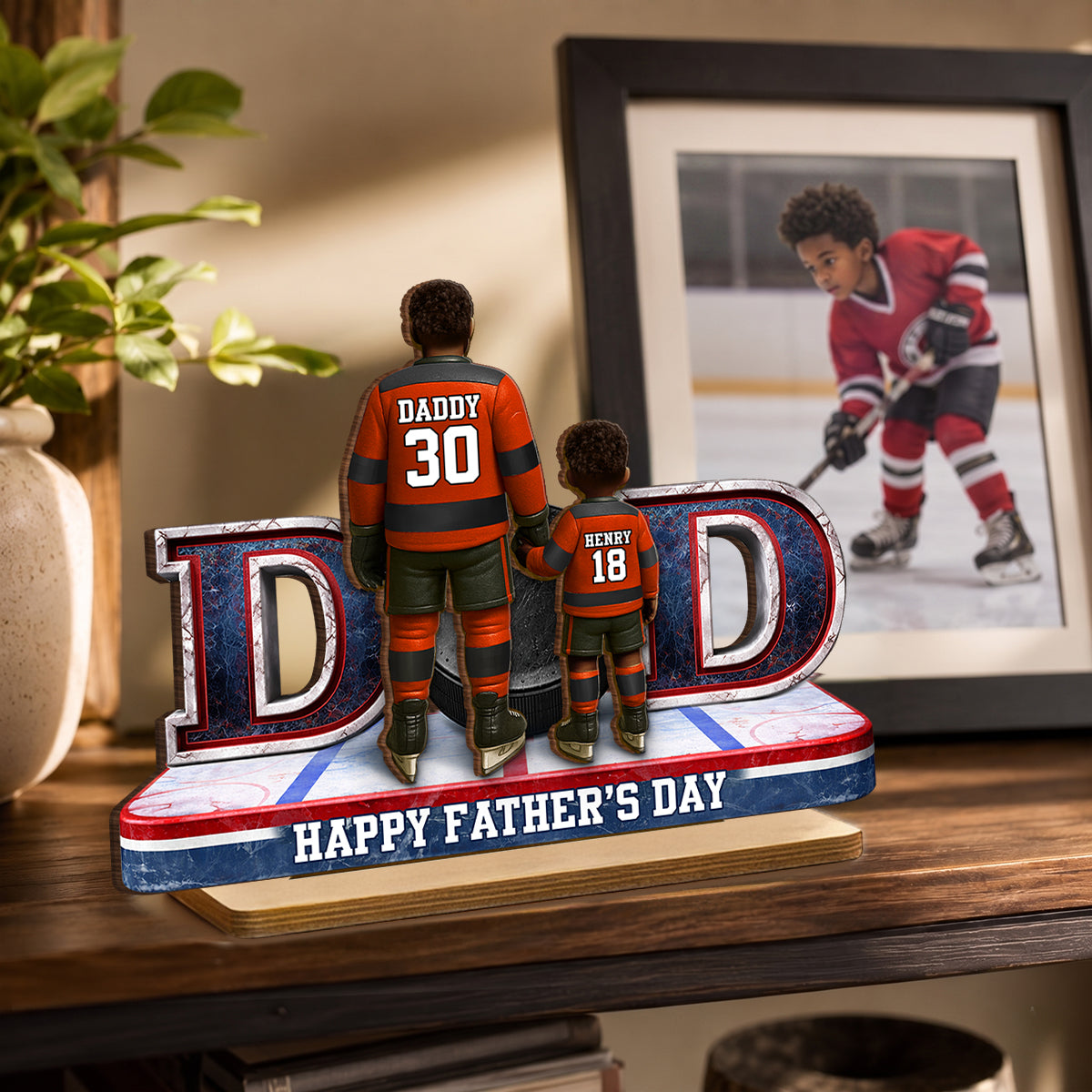 Hockey Dad And Kids Together - Personalized 2-Layered Wooden Plaque - Heartfelt Gift For Hockey Dad, Gift For Husband