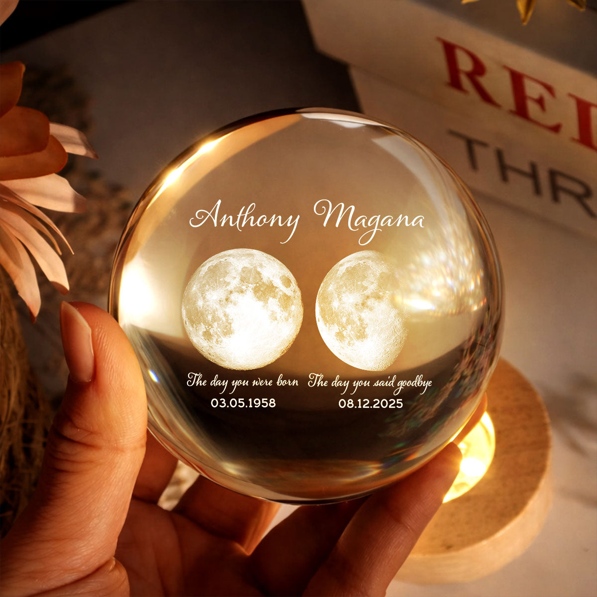 Lost Loved One Moon Phase Art - Personalized Crystal Ball LED Night Light - Memorial Keepsake Sympathy Gift
