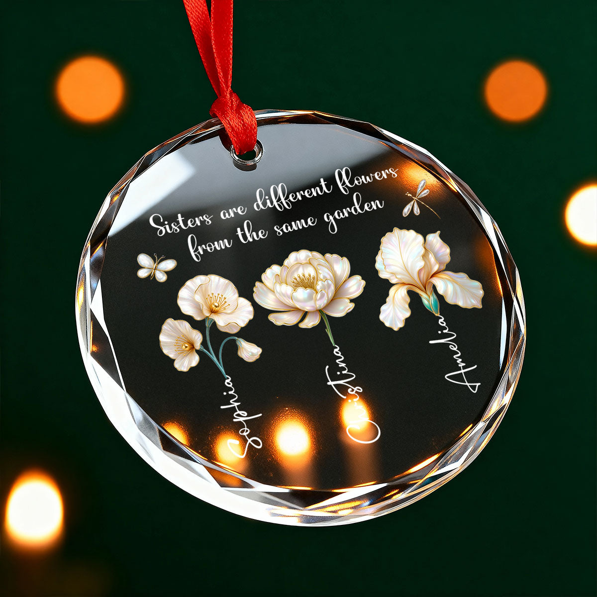 3D Effect Birth Flowers Sisters From The Same Garden - Personalized Glass Ornament - Birthday Christmas Just Because Gift For Sisters, Besties