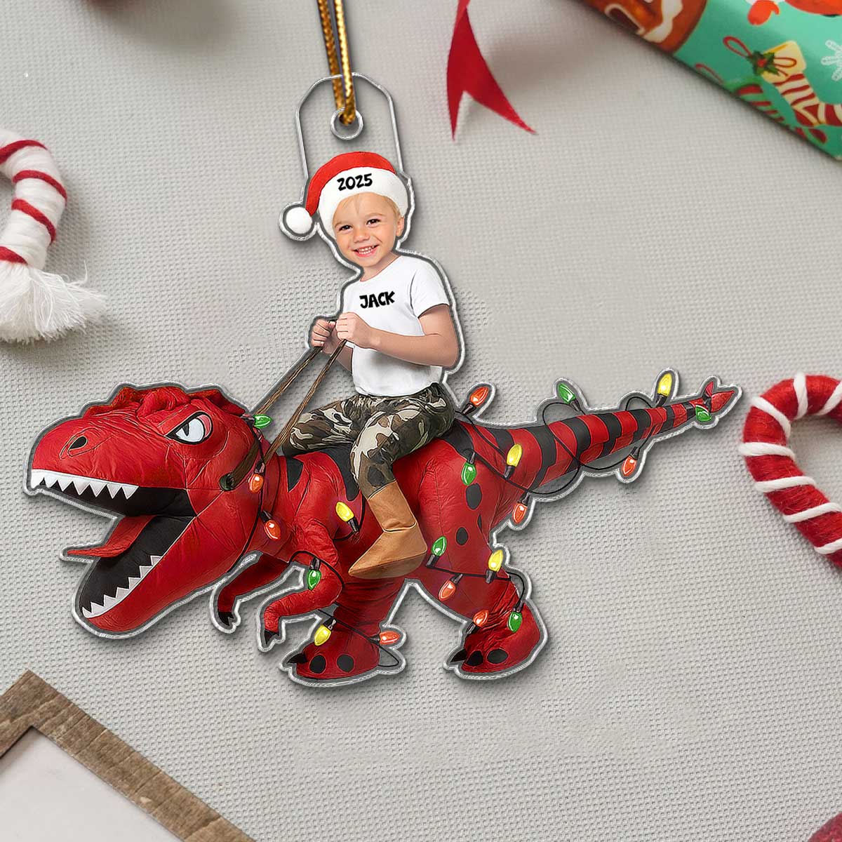 3D Effect Custom Face Kid With Dinosaur - Personalized Acrylic Ornament - Gift For Kids, Granddaughter, Grandson, Daughter, Son