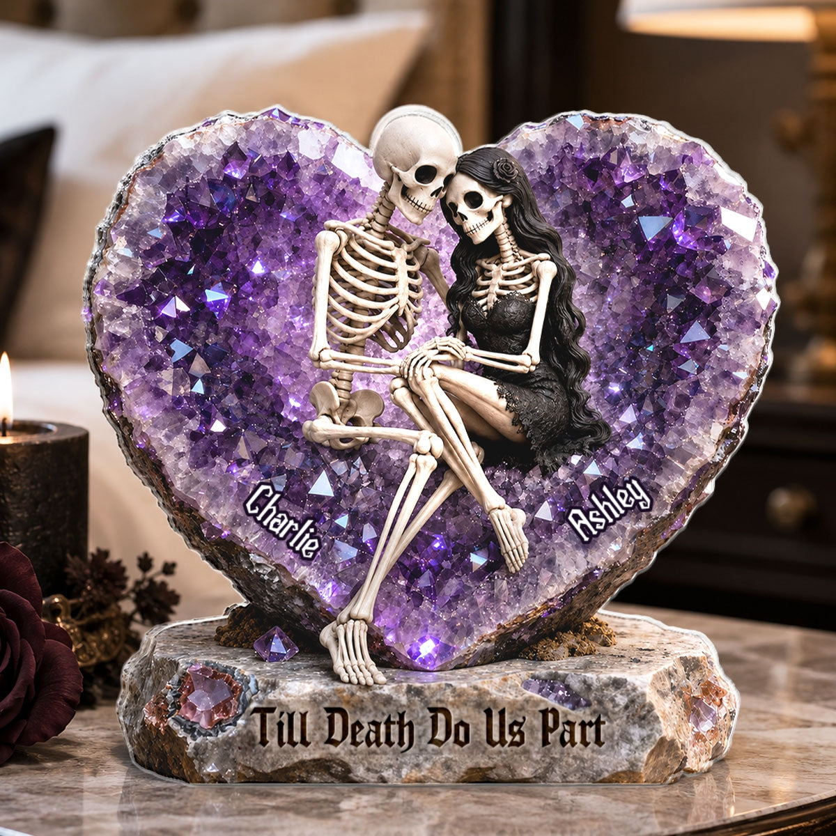 Till Death Do Us Part Skeleton Couple Quartz Heart - Personalized Acrylic Block Plaque - Halloween Decor Gift, Gift For Couple