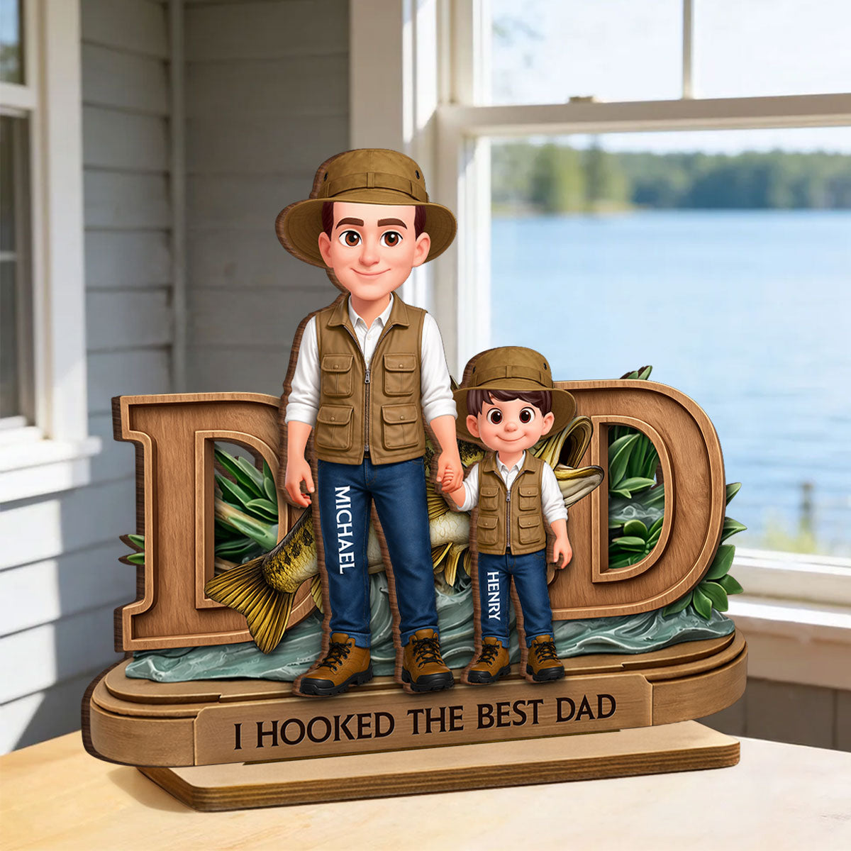 We Hooked The Best Dad Fishing - Personalized 2-Layered Wooden Plaque - Heartfelt Gift For Fishing Dad, Gift For Husband