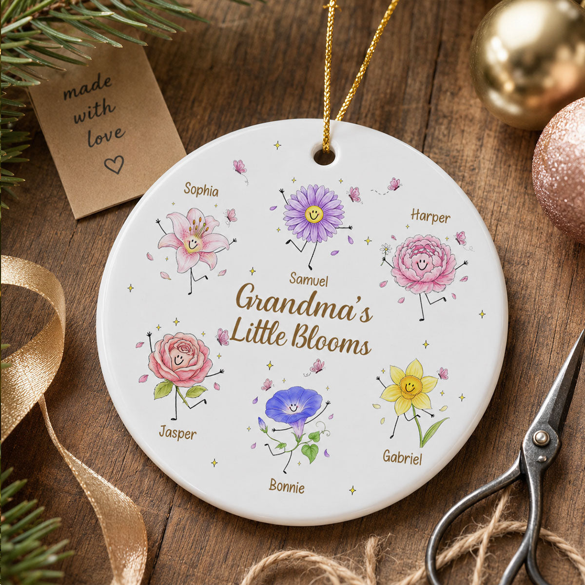 Grandma's Little Blooms Cute Doodle Birth Month Flowers - Personalized Ceramic Ornament - Home Decor Gift, Birthday Gift For Grandma