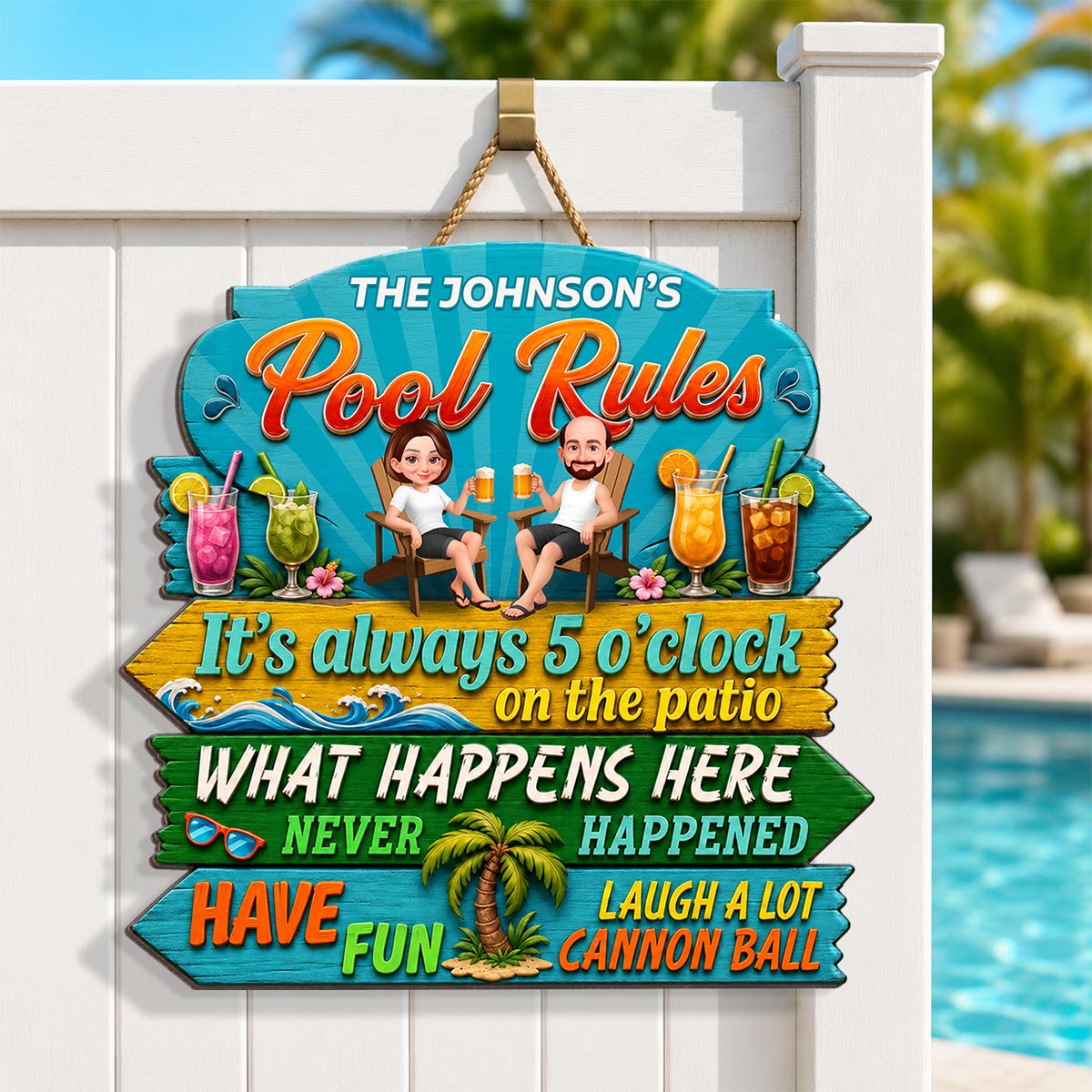 Family Pool Rules Sign Tropical - Personalized Wood Sign - Gift For Grandpa, Grandma, Summer Decorations