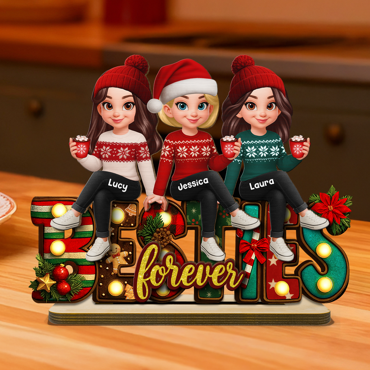 Festive Christmas Besties Together Christmas - Personalized 2-Layered Wooden Plaque