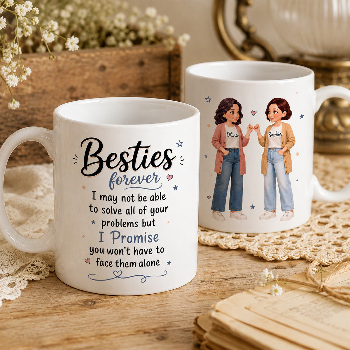 Pretty Besties Forever Pinky Promise Will Be Friends Until We Senile - Personalized Mug - Friendship Keepsake