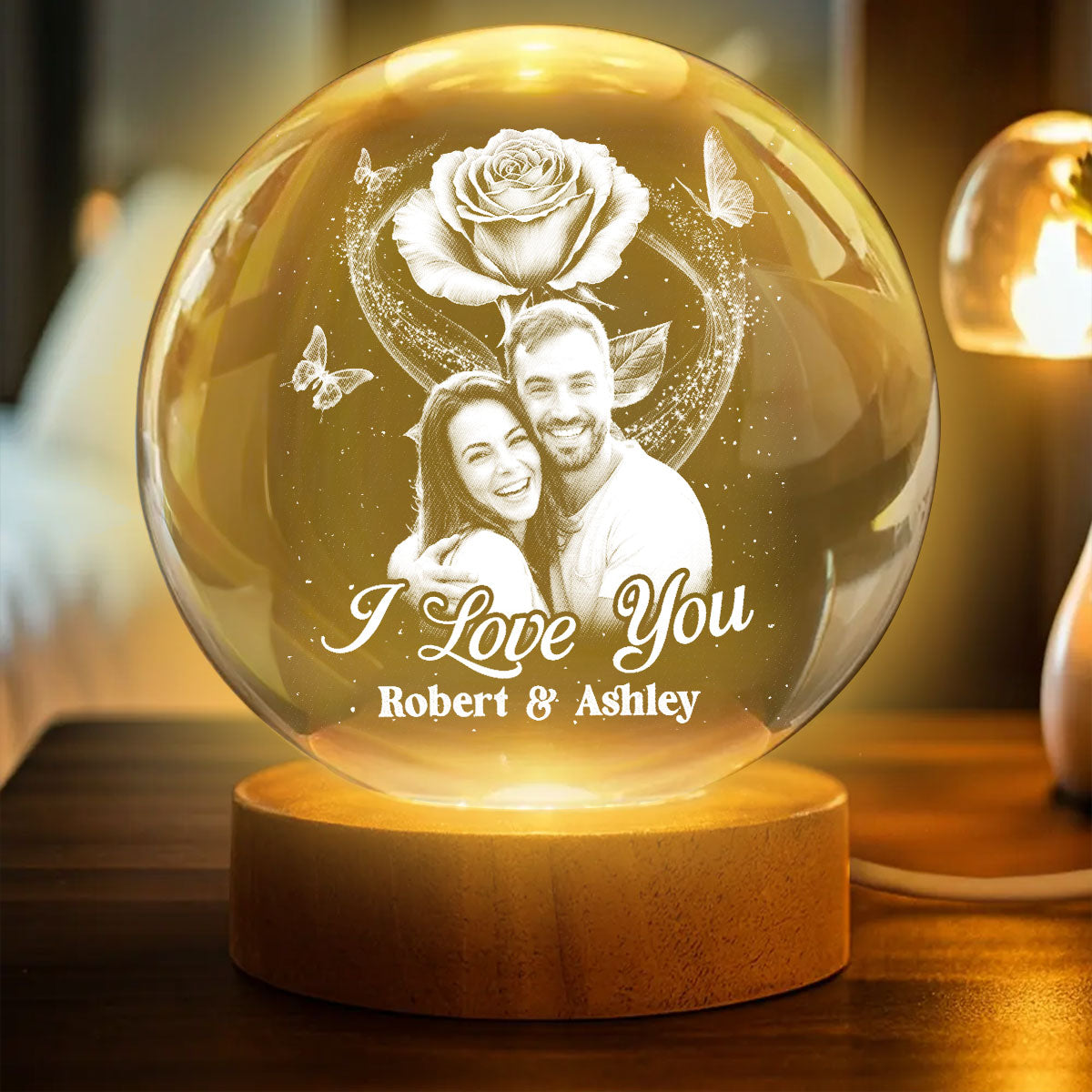 Eternal Love Rose I Love You - Personalized Crystal Ball LED Night Light - Valentine's Day Gift For Couple, For Her