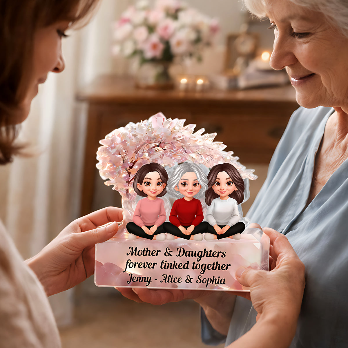 Mother And Daughter Forever Linked Together - Personalized Acrylic Block Plaque - Heartfelt Gift For Mom, Grandma