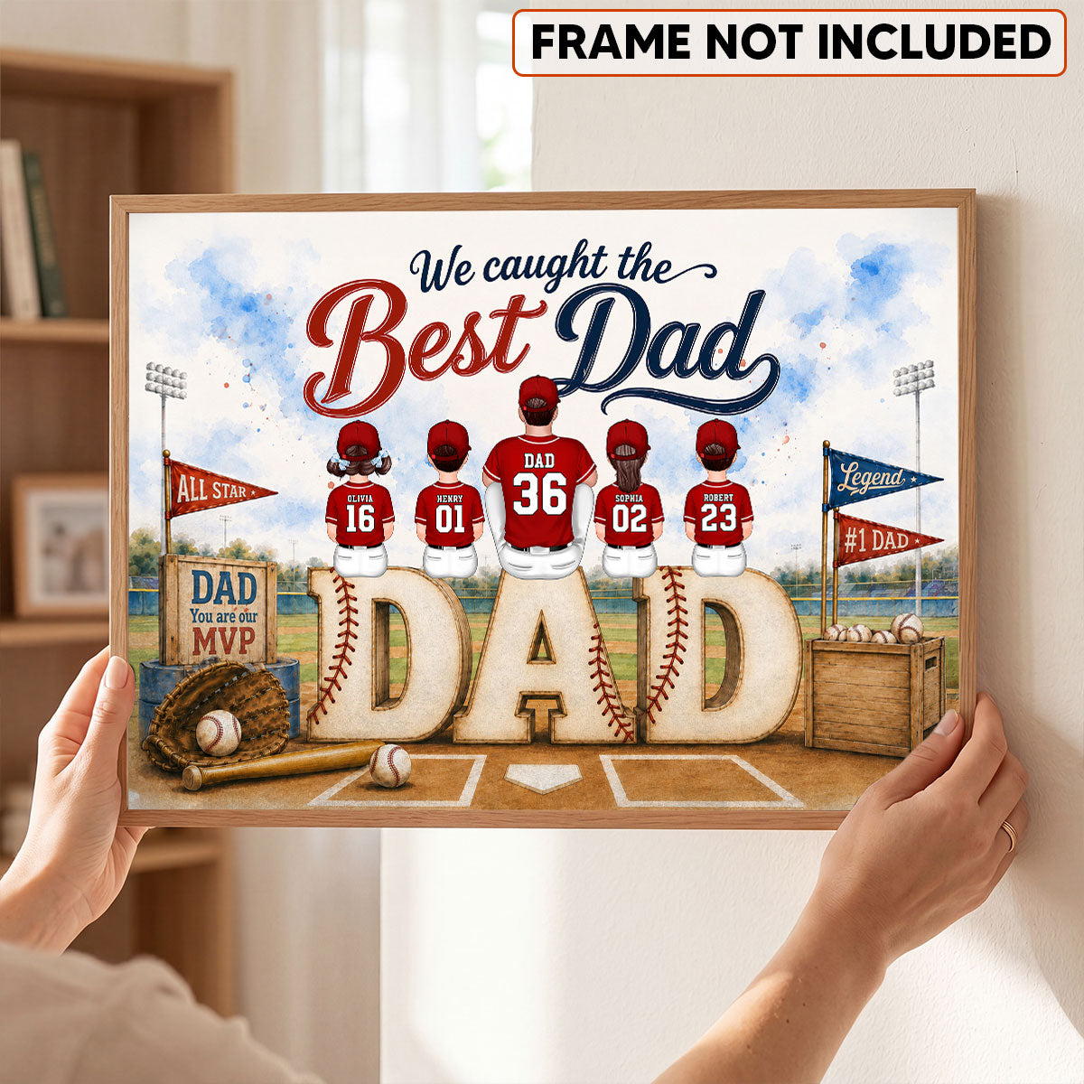 Watercolor Style Baseball Family Daddy's Dream Team - Personalized Poster - Father's Day Gift For Dad, Husband