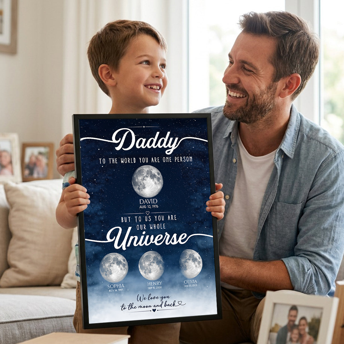 Daddy To Us You Are the World Custom Moon Phase by Date - Personalized Poster - Father's Day Gift for Son